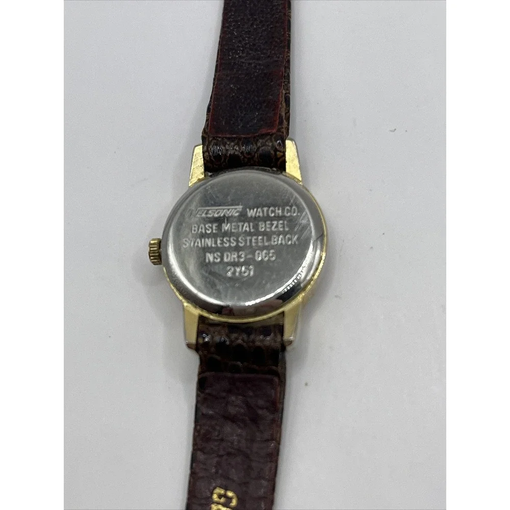 Vintage Nelsonic Women's Diamond‎ Quartz Watch Brown Leather Band- New Battery